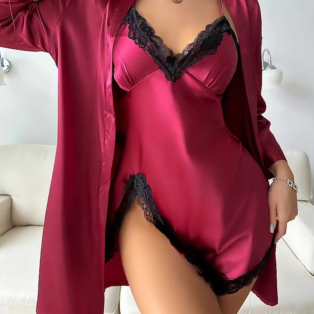 Allure Satin Sleep Set: Chic Belted Robe Dress