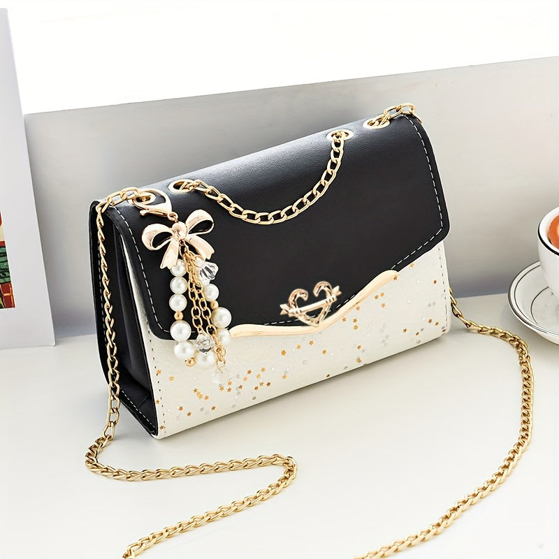 Sequins Square Purse, Elegant Shoulder Bag With Pendant