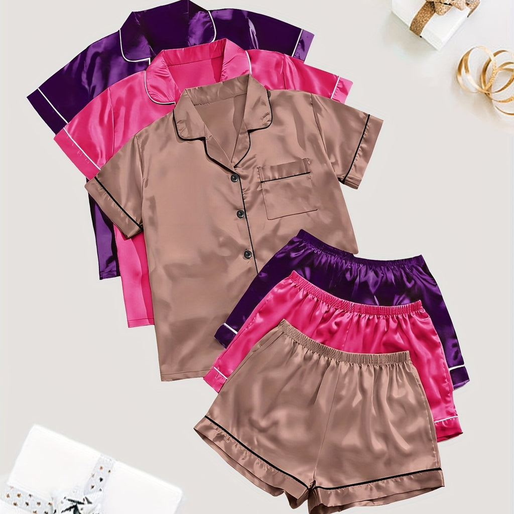 Women'S 3pcs Casual Satin Short Sleeve Shirt & Shorts Pyjama Set
