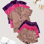 Women'S 3pcs Casual Satin Short Sleeve Shirt & Shorts Pyjama Set