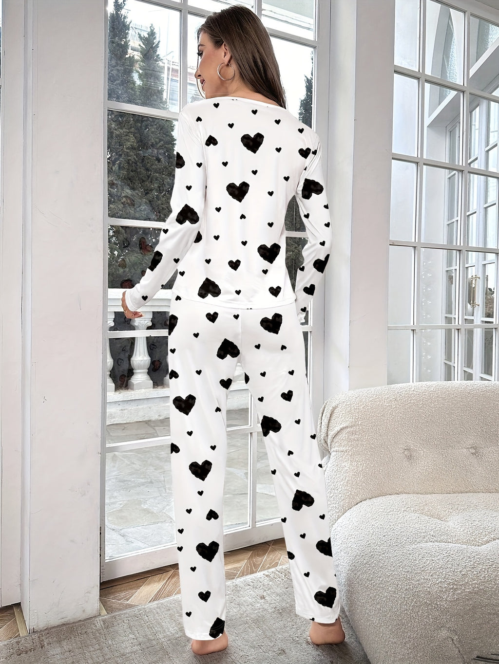 Women's Fashion Casual Heart Print Pyjama Set