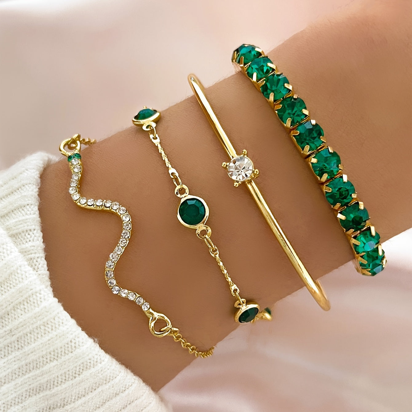 4 Elegant Green Faux Gemstone Rhinestone Bracelets