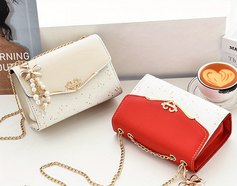 Sequins Square Purse, Elegant Shoulder Bag With Pendant