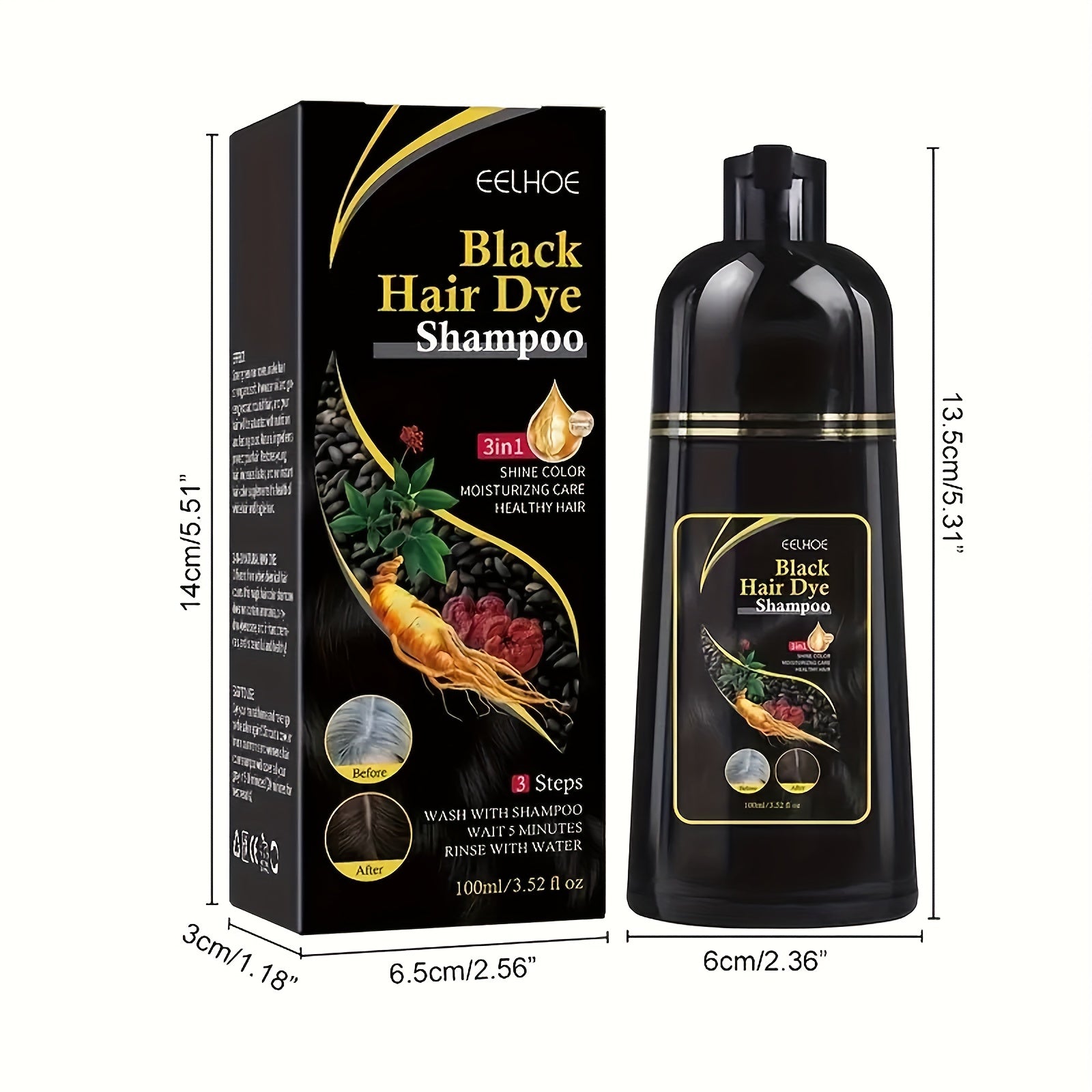 3-in-1 black hair dye shampoo bottle, natural plant pigments