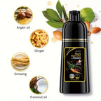 3-in-1 black hair dye shampoo bottle, natural plant pigments
