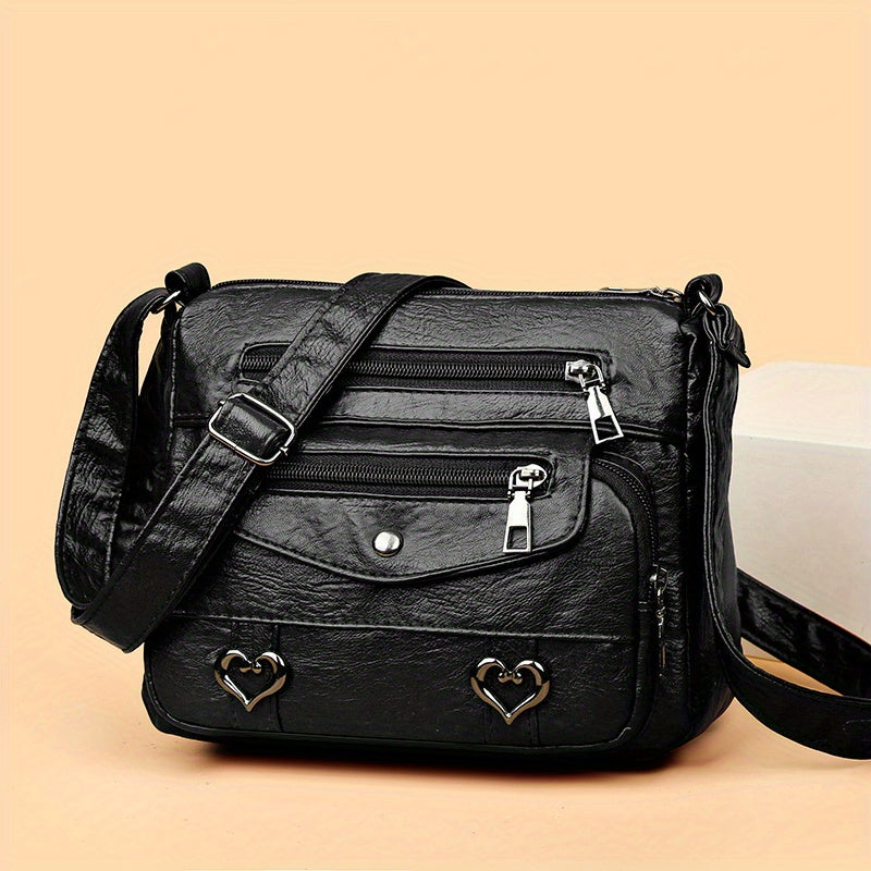 Retro Multi Pockets Crossbody Bag, Soft Faux Leather Bag