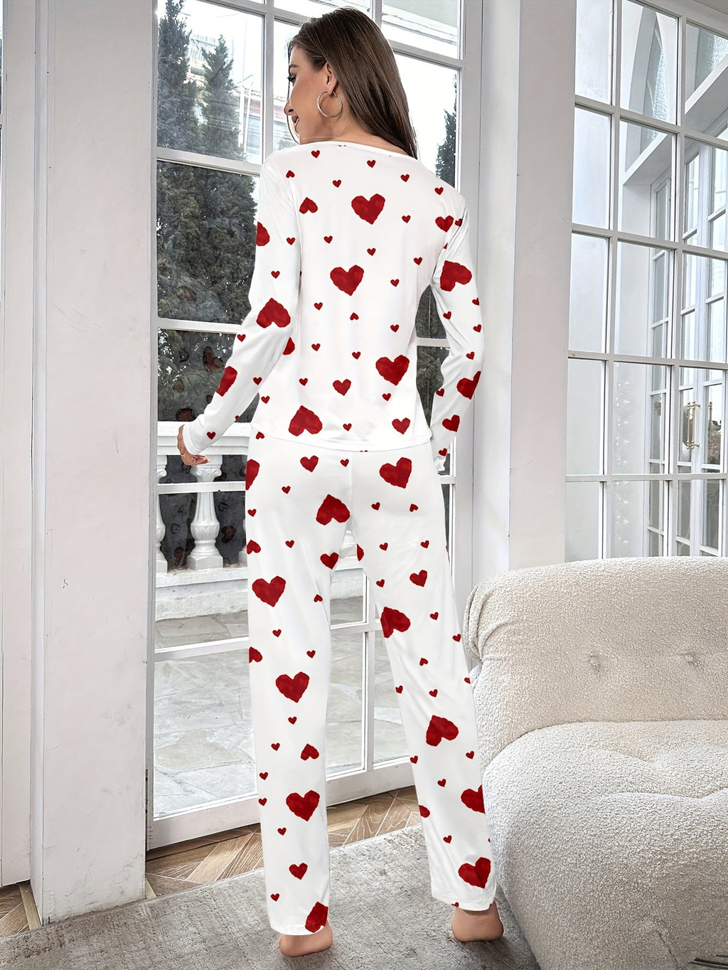 Women's Fashion Casual Heart Print Pyjama Set