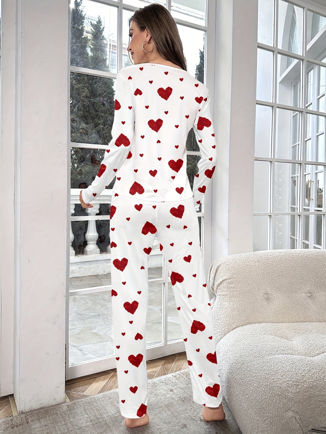 Women's Fashion Casual Heart Print Pyjama Set