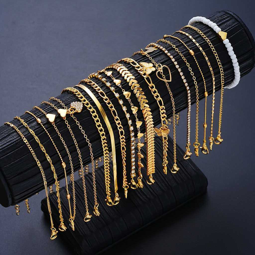 19pcs Anklet Set Bracelets with Heart Rhinestones