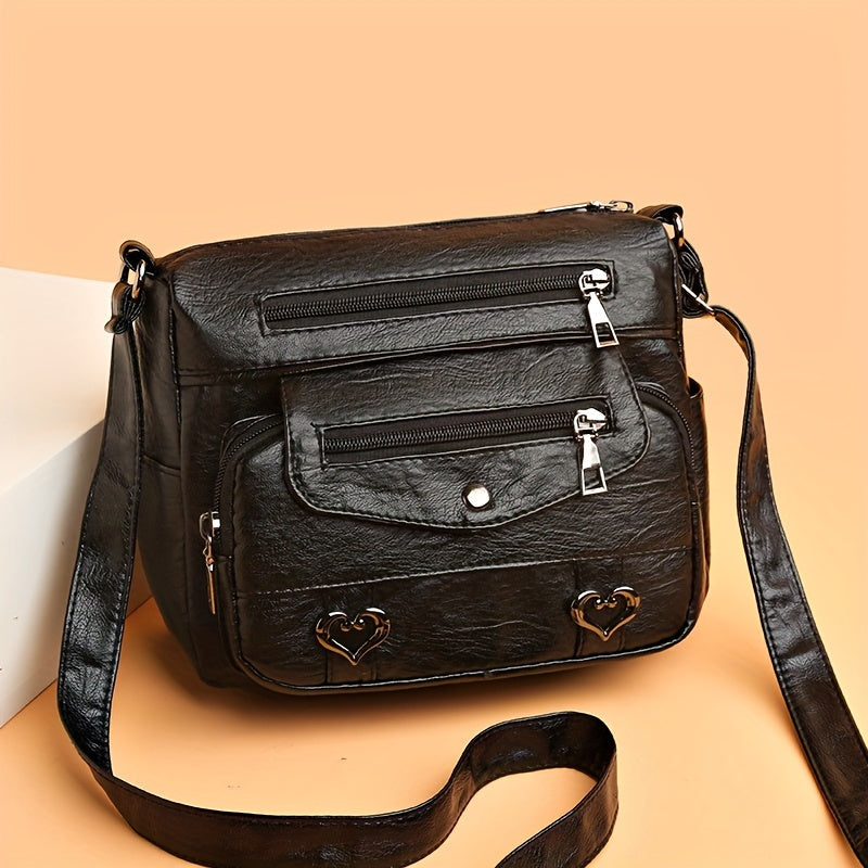 Retro Multi Pockets Crossbody Bag, Soft Faux Leather Bag