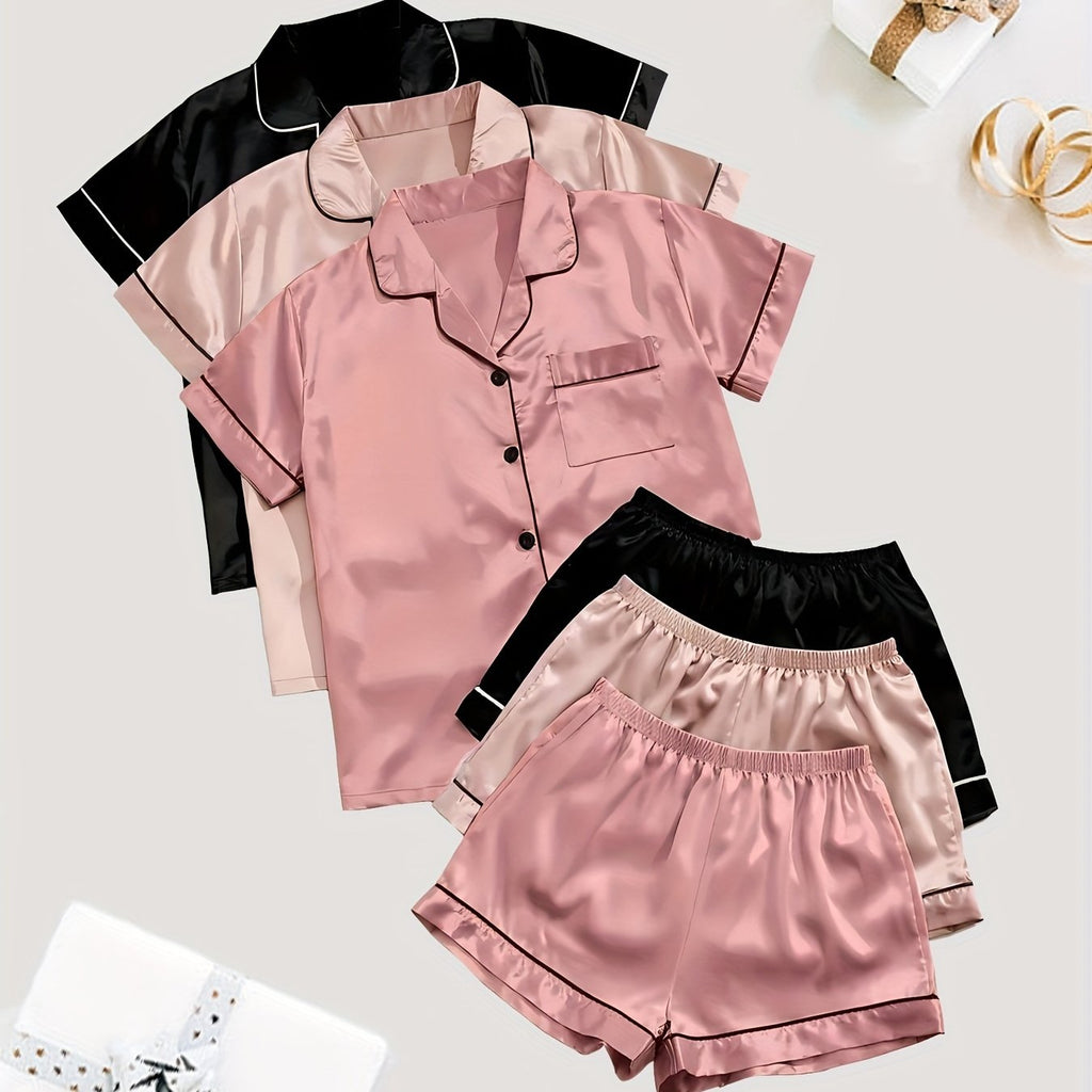 Women'S 3pcs Casual Satin Short Sleeve Shirt & Shorts Pyjama Set