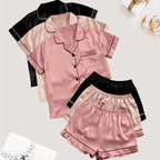 Women'S 3pcs Casual Satin Short Sleeve Shirt & Shorts Pyjama Set