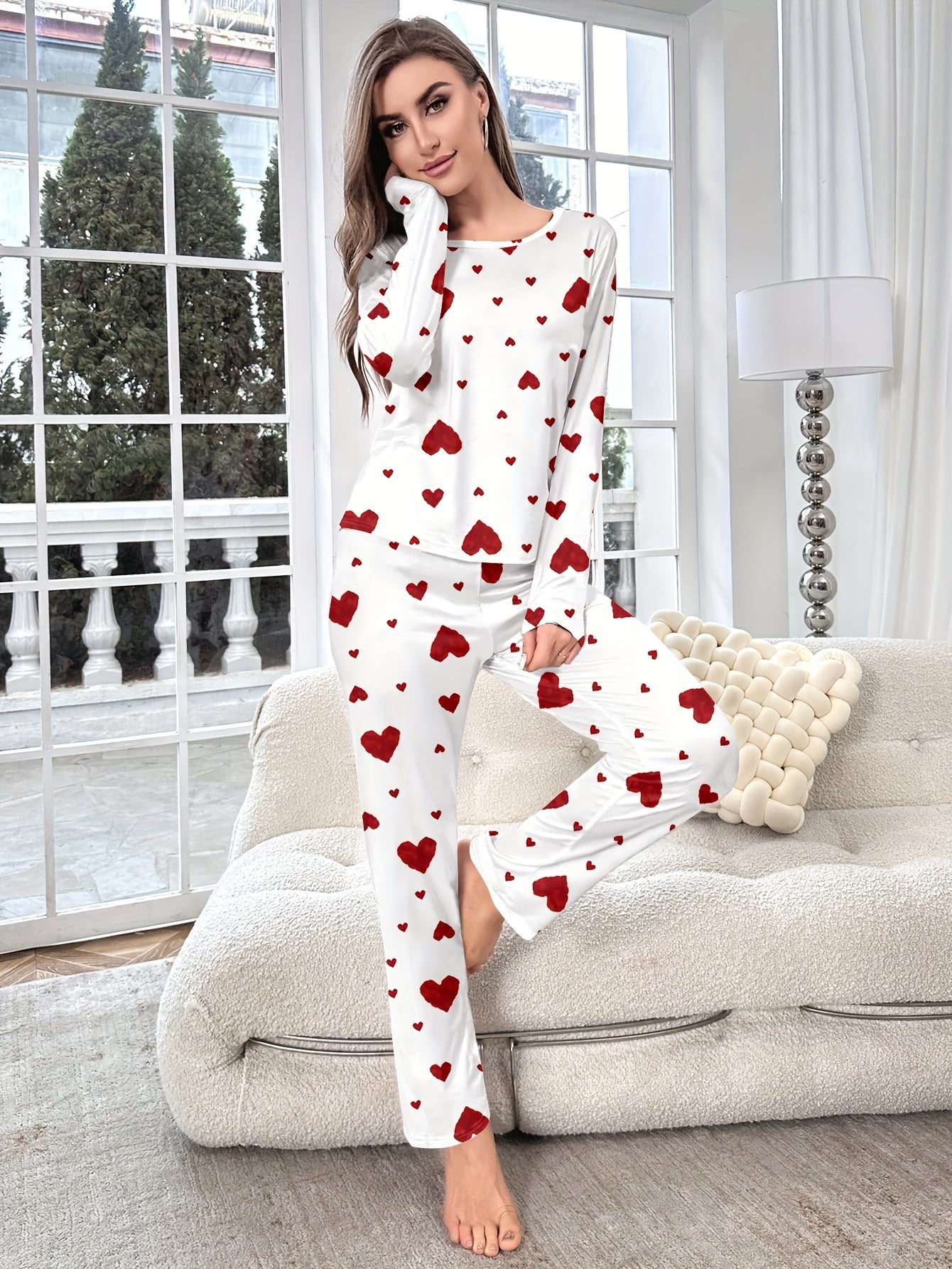 Women's Fashion Casual Heart Print Pyjama Set