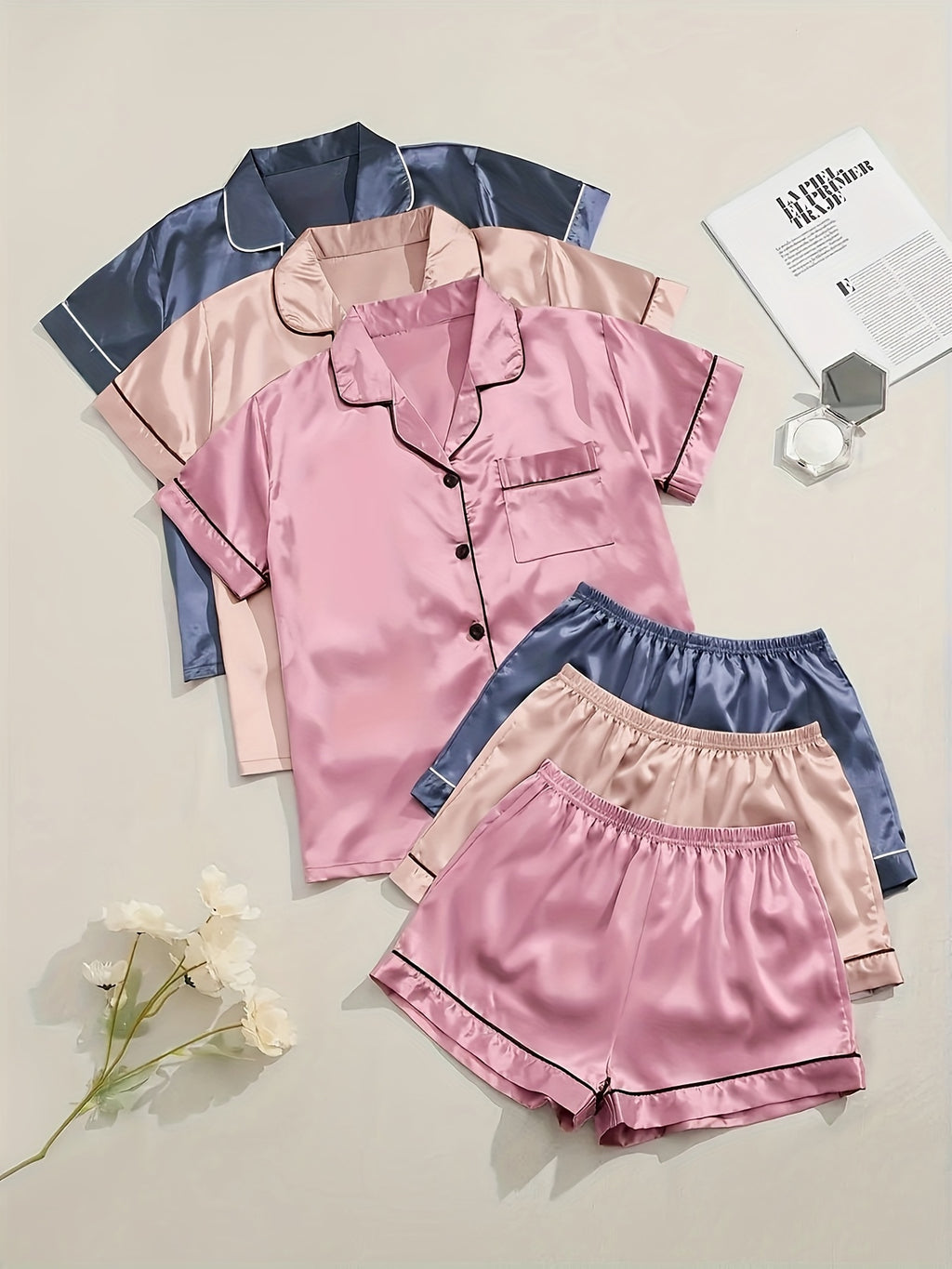 Women'S 3pcs Casual Satin Short Sleeve Shirt & Shorts Pyjama Set