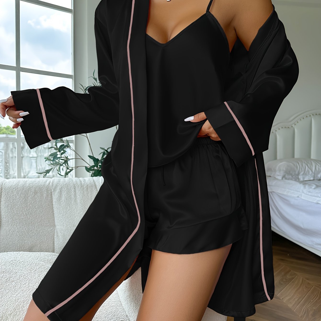 Luxurious Satin Pyjama Set - Cozy Long Sleeve Robe with Belt.